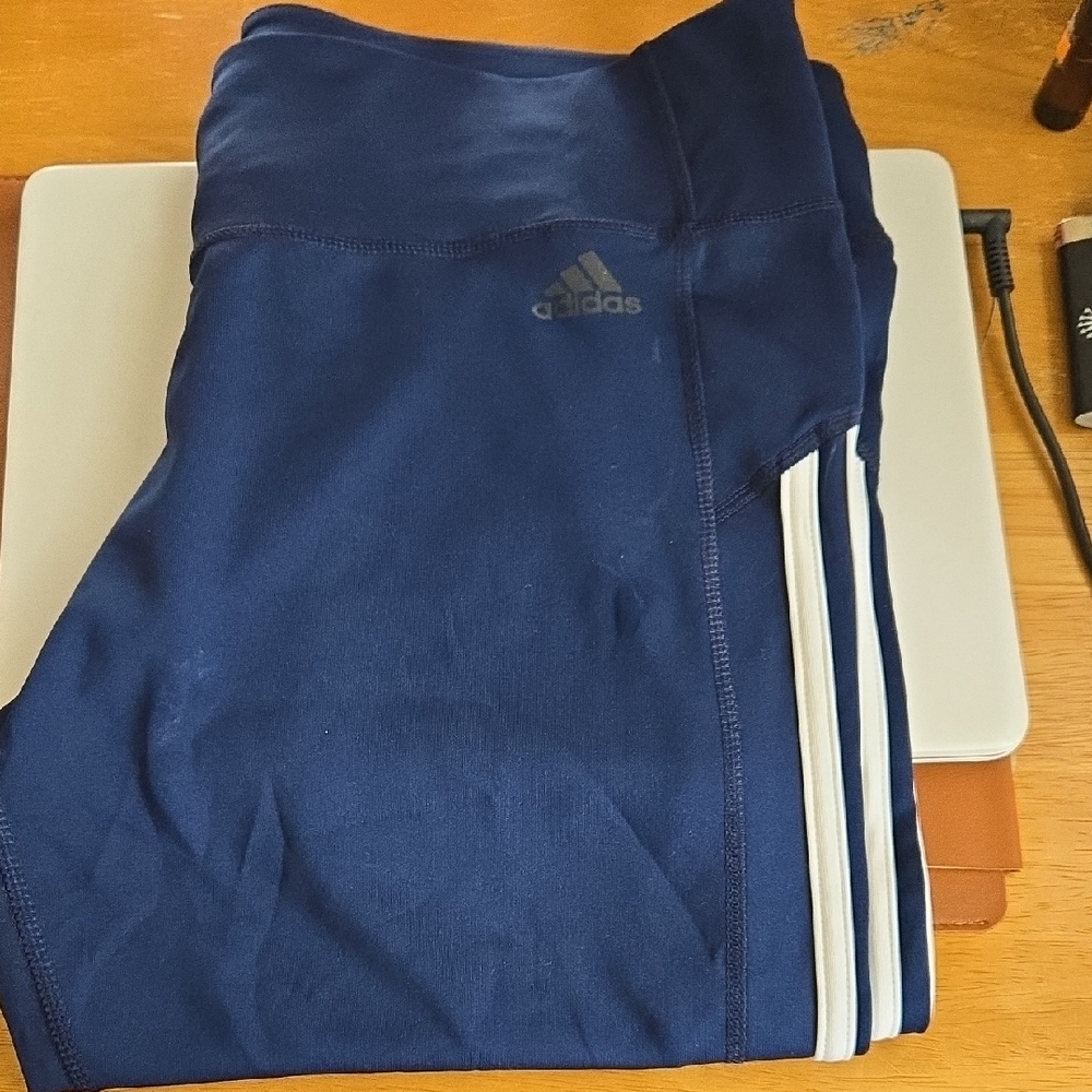 adidas Navy Athletic Leggings with White Side Stripes
